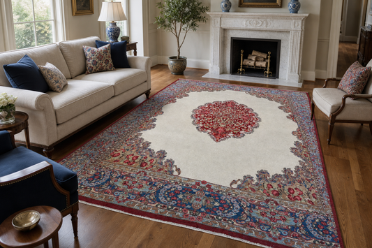 Medallion Traditional Rectangle Ivory & Brown Rug with Gray Border — 1