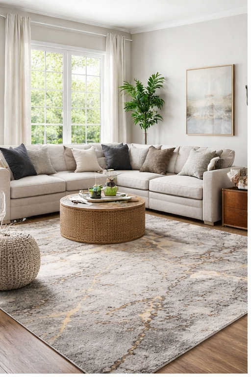 Contemporary Abstract Gray Rug with Gold Accents - 6'6"x9'6"