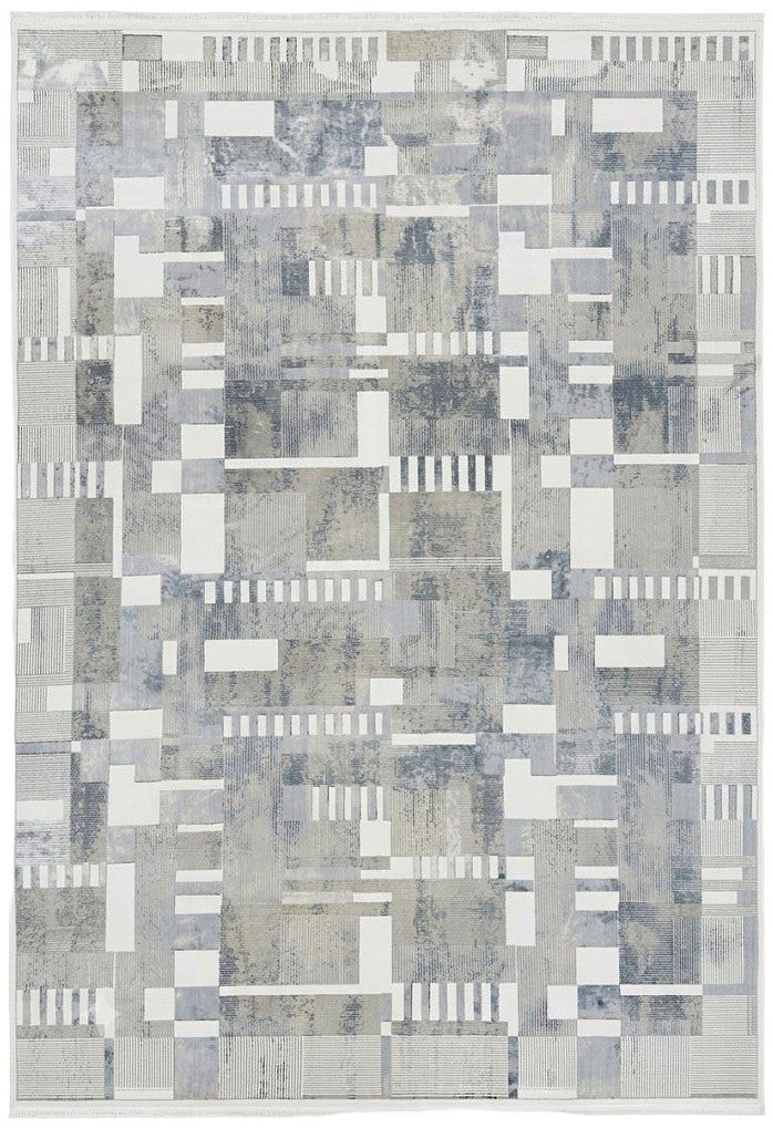 Modern Abstract Rectangle Rug in Ivory, Gray & Silver – 6'6" x 9'6"