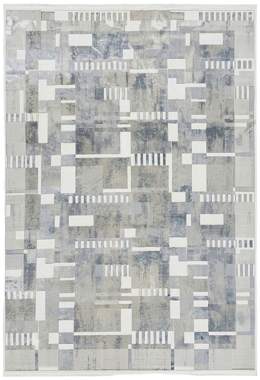 Modern Abstract Rectangle Rug in Ivory, Gray & Silver – 6'6" x 9'6"