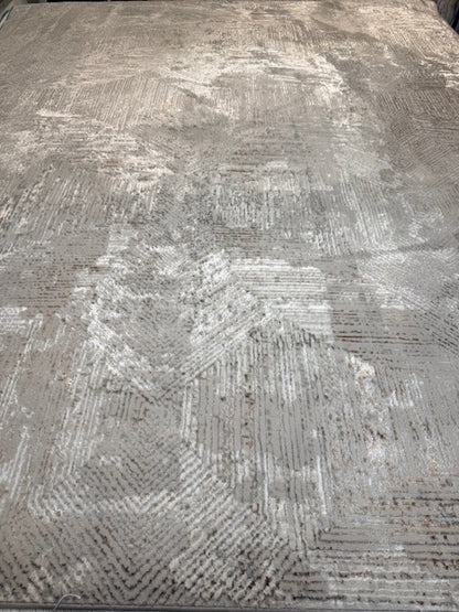 Gray Modern Abstract Geometric Rug with Brown Border - 10x13