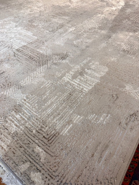 Gray Modern Abstract Geometric Rug with Brown Border - 10x13