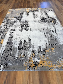Ivory Gray Abstract Rug with Charcoal and Gold Accents - 6'6" x 9'6"