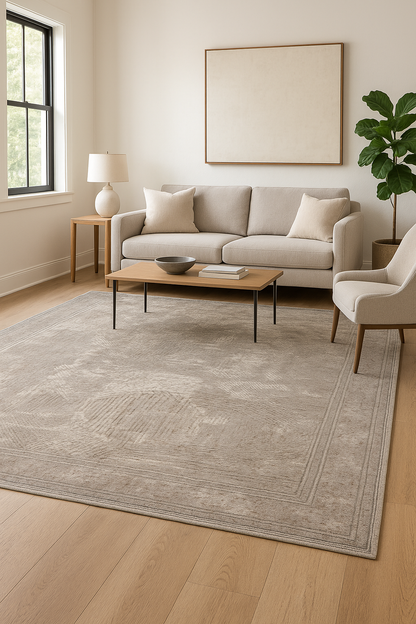 Gray Modern Abstract Geometric Rug with Brown Border - 10x13