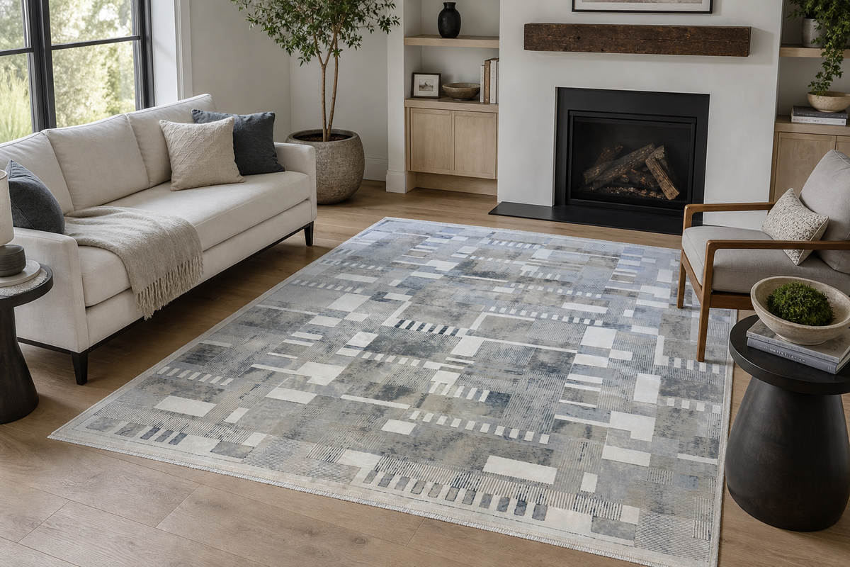 Modern Abstract Rectangle Rug in Ivory, Gray & Silver – 6'6" x 9'6"