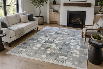 Modern Abstract Rectangle Rug in Ivory, Gray & Silver – 6'6" x 9'6"