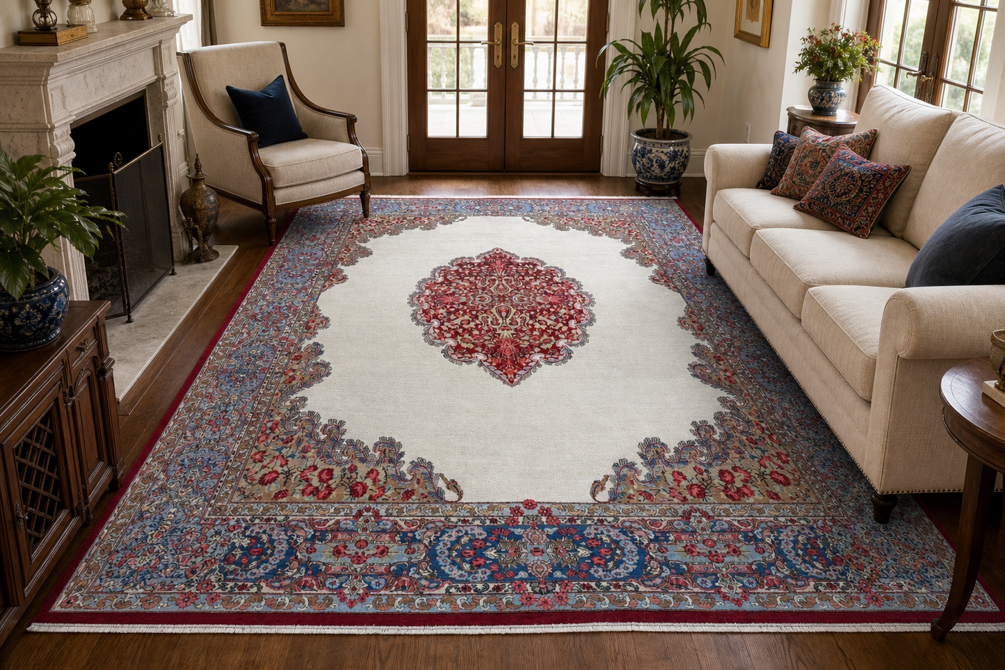 Medallion Traditional Rectangle Ivory & Brown Rug with Gray Border — 1