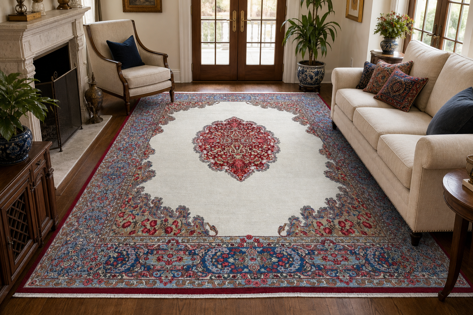 Medallion Traditional Rectangle Ivory & Brown Rug with Gray Border — 1