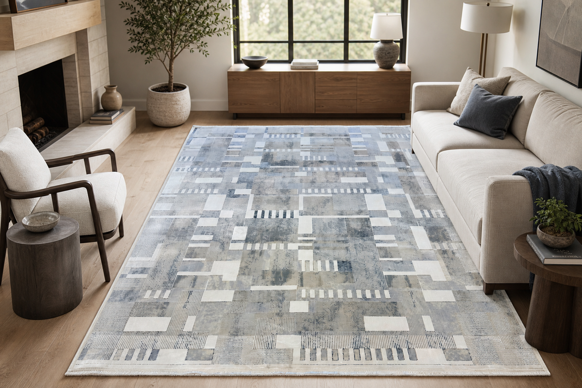 Modern Abstract Rectangle Rug in Ivory, Gray & Silver – 6'6" x 9'6"