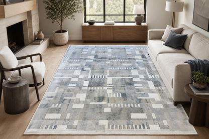 Modern Abstract Rectangle Rug in Ivory, Gray & Silver – 6'6" x 9'6"