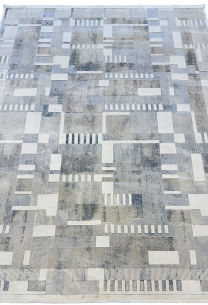 Modern Abstract Rectangle Rug in Ivory, Gray & Silver – 6'6" x 9'6"