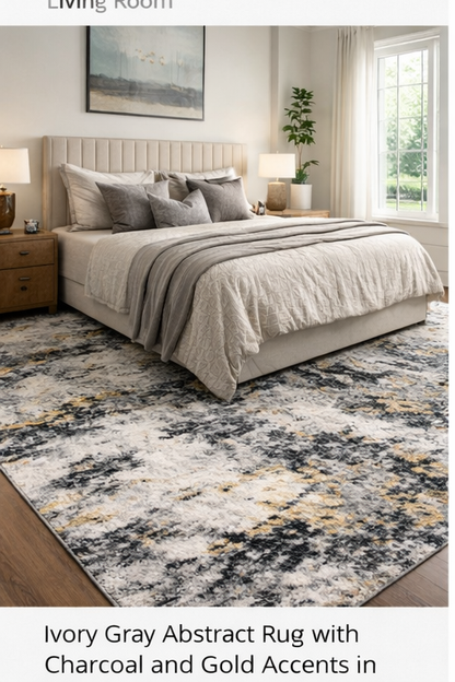 Ivory Gray Abstract Rug with Charcoal and Gold Accents - 6'6" x 9'6"