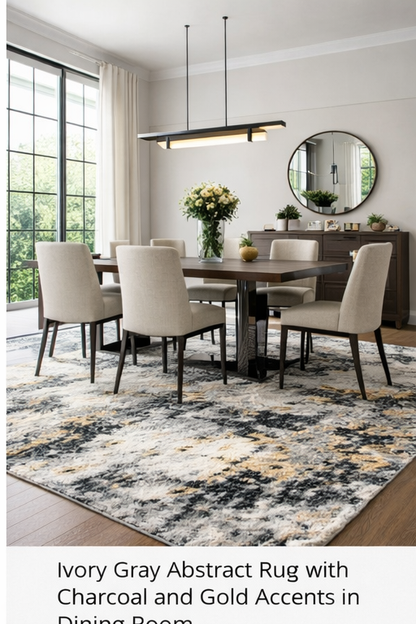 Ivory Gray Abstract Rug with Charcoal and Gold Accents - 6'6" x 9'6"