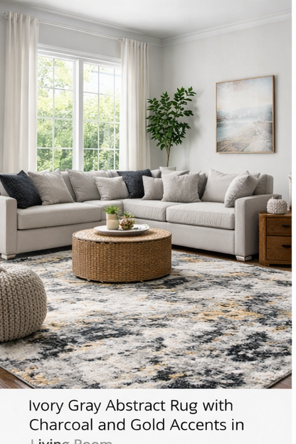 Ivory Gray Abstract Rug with Charcoal and Gold Accents - 6'6" x 9'6"