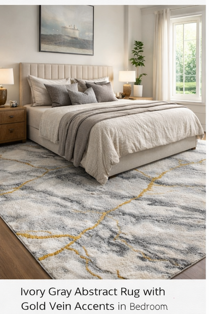 Ivory Gray Abstract Rug with Gold Vein Accents - 6'6" x 9'6"