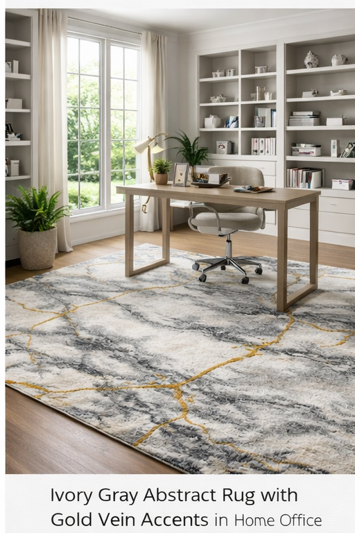 Ivory Gray Abstract Rug with Gold Vein Accents - 6'6" x 9'6"