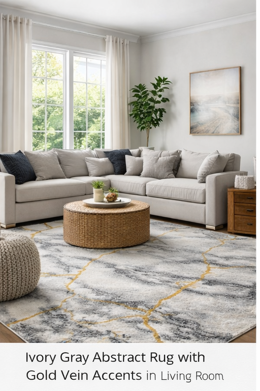Ivory Gray Abstract Rug with Gold Vein Accents - 6'6" x 9'6"